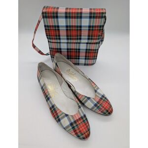 Vintage Johansen Plaid Pump Shoe & Matching Handbag Set Multi-Color Tartan Siz 9